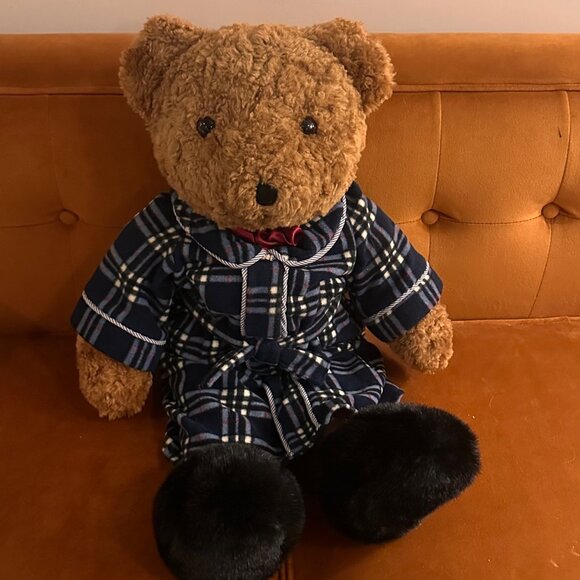 Plaid Pajama Teddy Bear Plush With Black Faux Fur Paws & Red Bow Tie 14 Inches - Picture 11 of 11